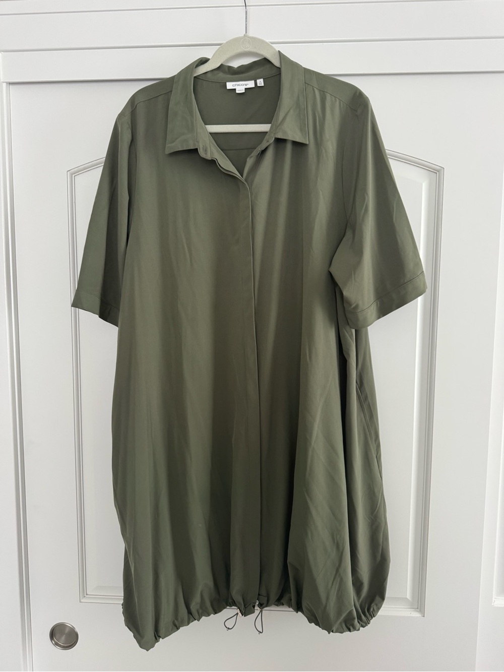 Chico's Olive Green Short-Sleeve Button-Down Drawstring Hem Dress xxl (20/22).